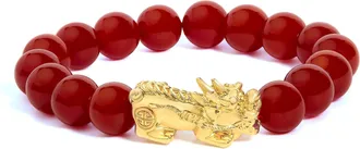 House of Brilliance 18K Yellow Gold Dragon Charm Red Agate Beaded Charm Bracelet
