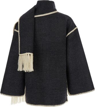 Toteme Womens Wool-Blend Jacket With Scarf Detail, Grey Coat