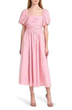 Wayf Lucy Ruched Puff Sleeve Midi Dress in Pink at Nordstrom, Size X-Large