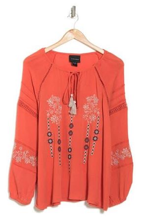 Forgotten Grace Embroidered Keyhole Long Sleeve Tunic Top in Orange at Nordstrom Rack, Size X-Large