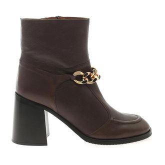 See By Chlo&eacute; Mahe Booties - Bruine Leren Enkellaarzen met Gouden Ketting - Dames - Laarzen met Hak - Zwart - 40 EU - Leer - Schoenen