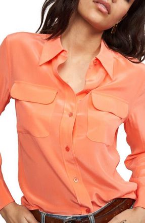 Equipment Signature Slim Fit Silk Button-Up Shirt in Living Coral at Nordstrom, Size Xx-Small