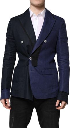 Dolce & Gabbana Mens Navy Blue Double Breasted Suit Coat Blazer Flax Virgin Wool Elastane