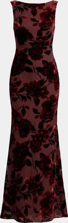 Mac Duggal Floral Velvet Burnout Cowlback Gown