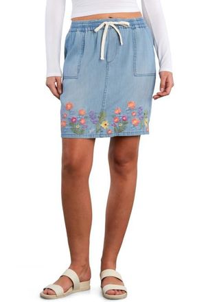 BILLY T Floral Embroidered Drawstring Denim Miniskirt in Pure Denim at Nordstrom, Size X-Large