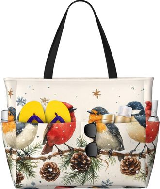 Generic Winter Birds Print Large Beach Bag Foldable Travel Shoulder Tote Bag With Pocket For Weekender Pool Vacation