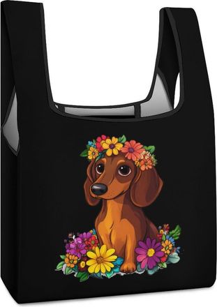 Generic Dachshund Flower Funny Dog Shopping Bag Reusable Grocery Tote Bag Foldable Handbag for Travel Picnic
