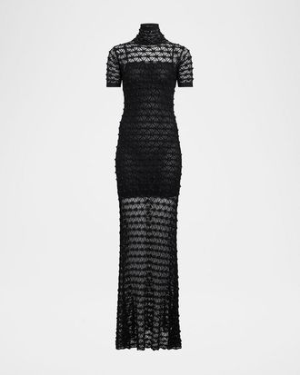 Alaia Mock-Neck Short-Sleeve Sheer Lace Gown