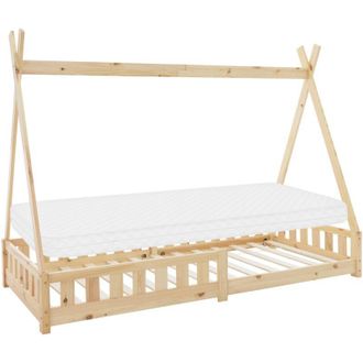 ML Design Ml-design - Cama Infantil Tipi Natural Con Colch&oacute;n De Espuma Fr&iacute;a 90x200 Cm Protecci&oacute;n Antica&iacute;da Somier Estructura Listones De Madera Maciza De Pino P