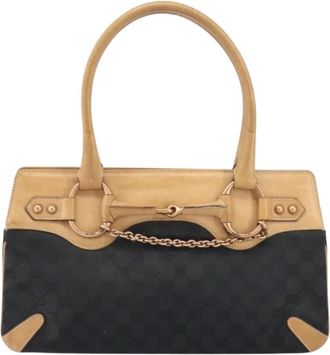 Gucci Pre-owned Handbags, female, Black, Size: ONE SIZE Pre-owned Vintage GG Monogram Canvas Trimmed Shoulder Bag