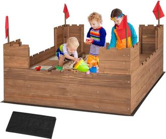 Costway Costway - Arenero Fantail De Madera Con Bancos, Caja De Arena Para Ni&ntilde;os De Madera Con Banco, Caja De Almacenamiento Y Banderas, Forro Protector De Fo