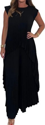 Generic Womens Pleated Short Sleeve Irregular Midi Top and Elastic Waist Wide Leg Pants Set, Two Piece Sets (Black,M)