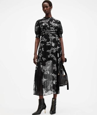 AllSaints Viscose Laverna Floral Lace Trim Maxi Dress, Size: UK 16/US 12