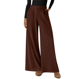 Generic Womens High Waisted Corduroy Wide Leg Pants Elastic Waistband Soft Ribbed Texture Trousers Casual Wear Stretch Lounge Pants with Roomy Fit for Daily U