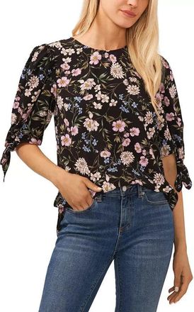 CeCe by Cynthia Steffe Blouse Womens Rich Black Floral StretchSleeve Crew Neck FTS1086