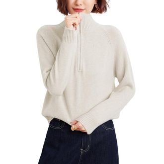 Dissa Women Cashmere Jumper White Stand Neck Sweater Long Sleeve Relaxed Cashmere Wool Thick Jumper Zippered Ladies Sweater,14,YZL516