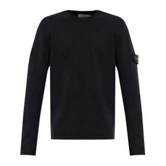 Stone Island Round-neck Knitwear, male, Black, Size: 2XL Sweater with logo patch