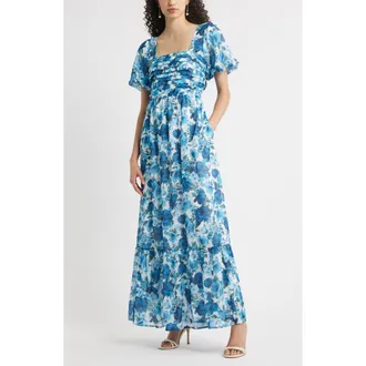 Chelsea28 Floral Tiered Puff Sleeve Maxi Dress in Blue Floral at Nordstrom, Size Xx-Small