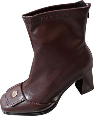 Generic Brown Female Versatile Square Toe High Heel Skinny Boots with Metal Patterns for Fall Winter Comfortable and Lightweight
