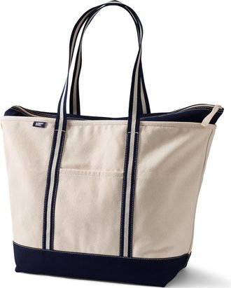 Lands End Zip Top Long Handle Canvas Tote Bag in Natural/navy Stripe at Nordstrom, Size X-Large