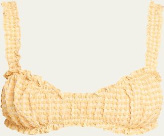 SIMKHAI Evander Ruched Gingham Seersucker Bikini Top