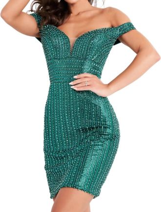 Jovani Beaded Cocktail Dress In Emerald