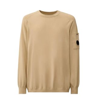 C.P. Company Round-neck Knitwear, male, Beige, Size: XL Cotton Crepe Crew Neck Lens Sweater