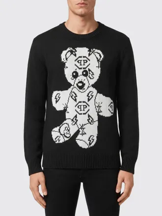 Philipp Plein Wool and Cotton Blend Crewneck Jumper with Teddy Bear Front Print