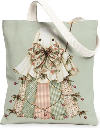 Generic Vintage Floral Ghost Canvas Tote Bags, Decorative Pattern Reusable Grocery Bags, Lightweight Washable Shoulder Strap Canvas for Outdoor Travel Beach P