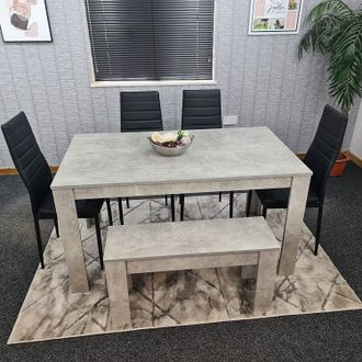 Kosy Koala Modern Grey Dining Table Set with 4 Black Chairs & 1 Bench Dining Room Furniture in Brown