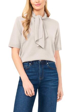 CeCe by Cynthia Steffe Tie Neck Short Sleeve Sweater in Warm Grey at Nordstrom, Size X-Large