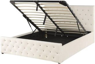 Beliani Cama Doble Tapizada En Terciopelo Beige 140 X 200 Cm Con Almacenamiento Cabecero Acolchado Amiens