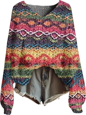 Generic Womens Plus Size Jumpers Icelandic Fair Isle Vintage V Neck Knit Jumpers for Women UK Nordic Ladies Jumper Casual Loose Long Sleeve Womens Sweatshirt 