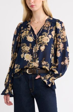 Treasure & Bond Floral Ruffled Button Front Shirt in Navy Wallpaper Floral at Nordstrom, Size Xx-Large