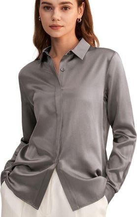LilySilk Basic Concealed Placket Silk Shirt in Dark Gray at Nordstrom, Size X-Large