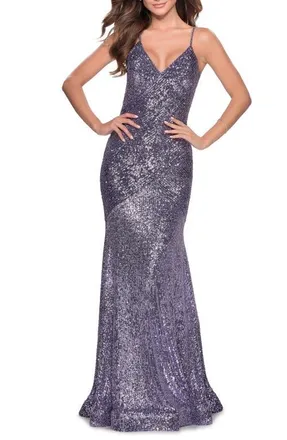 La Femme Sequin Prom Gown With Drop Waist and V-Neckline in Lavender at Nordstrom, Size 10