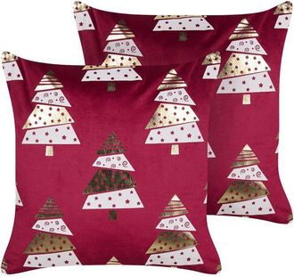 Beliani Conjunto De 2 Cojines De Terciopelo &Aacute;rboles De Navidad De Estampado 45 X 45 Cm Con Relleno Fundas Extra&iacute;bles Rojo Goldspruce