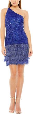Mac Duggal One Shoulder Fringe Beaded Mini Dress