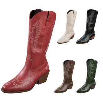 Generic Womens Western Mid-Calf Cowboy Boots with Floral Embroidered, Ladies Pointed Toe Chunky Heel Slip on Retro Tall Boots Classic Pull On Design Western F