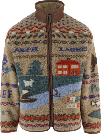 Polo Ralph Lauren Panoramic Print Leather Trimmed Fleece Jacket