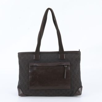 Gucci Dark Brown Leather Canvas Handbag Shoulder Bag Tote Bag (Pre-Owned)