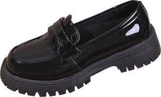 Generic Black Ladies Patent Leather Loafers with Thick Sole British Inspired Low Top for Casual Wear