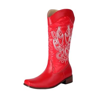 Generic Womens Fashion Western Boots Mid Calf Height Square Toe Medium Block Heel With Classic Embroidery Slip On Design