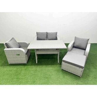 Fimous Fimous Light Grey PE Wicker Rattan Garden Furniture Set Sofa Set Reclining Chair Rectangular Dining Table 5 Seater With Footstool Side Table