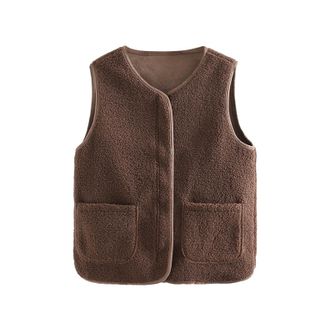 Generic 2025 Womens Fuzzy Fleece Vest Casual Reversible Plaid Sleeveless Warm Jacket Button Down Winter Outerwear Coat Vest Women (Coffee, 185/3XL)