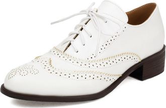 Generic Womens Lace-Up Oxfords Brogue Wingtip Perforated Round Toe Dress Shoes Low Chunky Heel Cushioned Insole Comfortable Classic Vintage Inspired Style,Whi