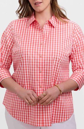 Foxcroft Margie Gingham Three-Quarter Sleeve Button-Up Shirt in Peachy Orange/White at Nordstrom, Size 2X