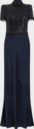 Jenny Packham Trinity Embellished Strong-Shoulder Satin Gown