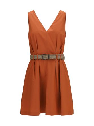 Brunello Cucinelli Womens Pleated Dress With Rope Belt Tangerine Cotton