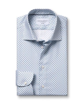 CHARLES TYRWHITT Non-Iron Stretch Print Cotton Shirt - White & Blue Single Cuff Size 14.5/32 by Charles Tyrwhitt
